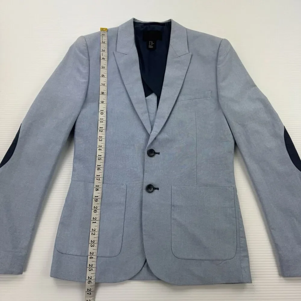 H&M 34R Light Blue Cotton Blazer Sport Coat Elbow Patches Slim Fit Jacket